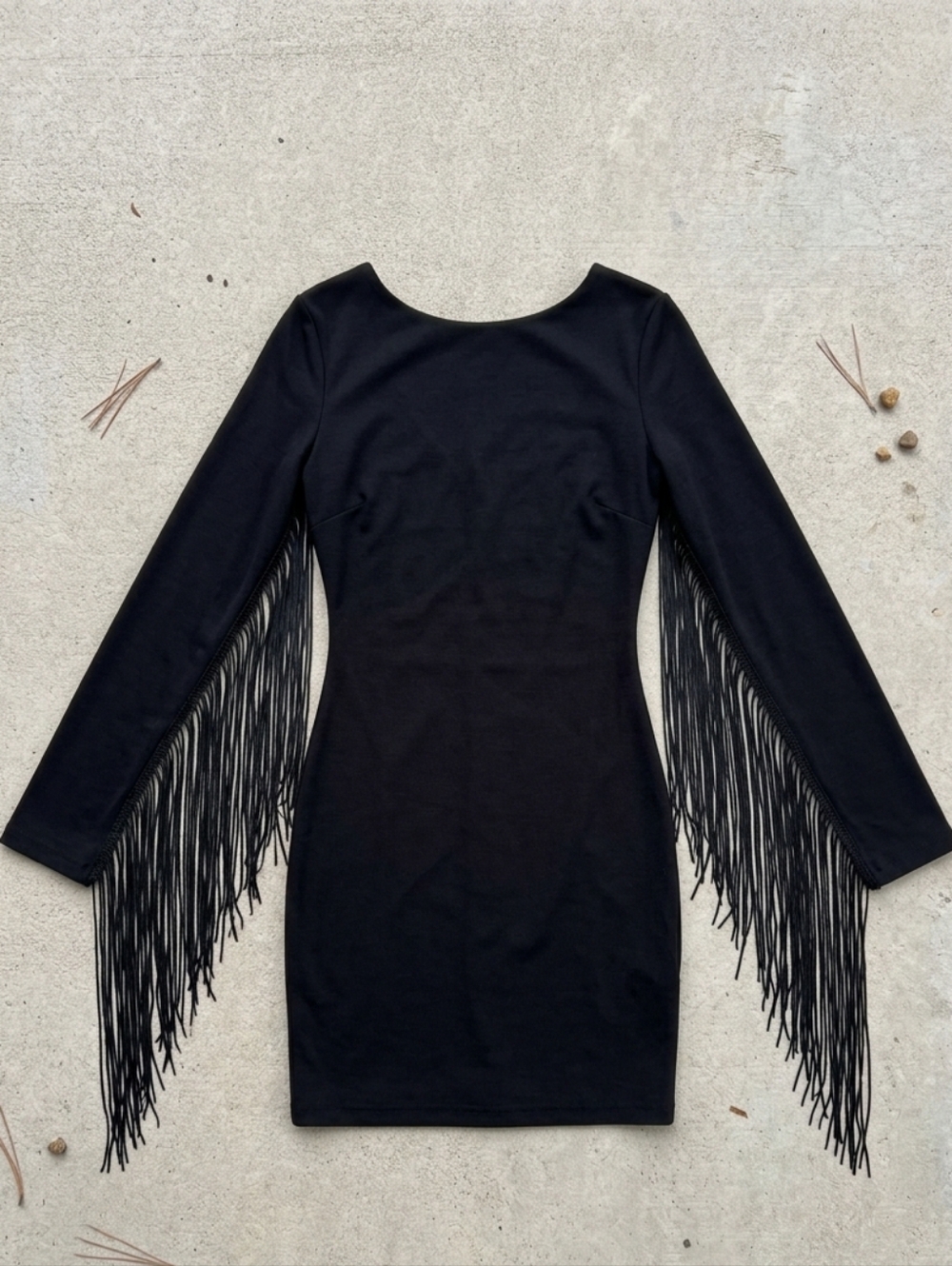 Black Fringe Long-Sleeve Bodycon Dress
